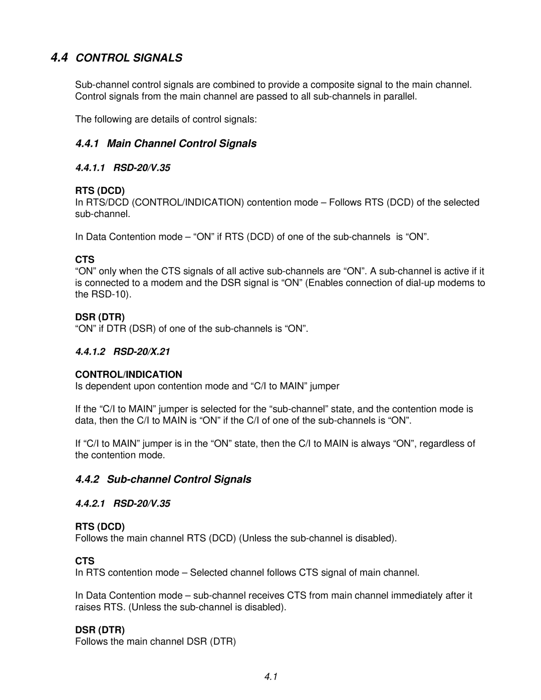 RAD Data comm operation manual Main Channel Control Signals, Sub-channel Control Signals, RSD-20/V.35, RSD-20/X.21 