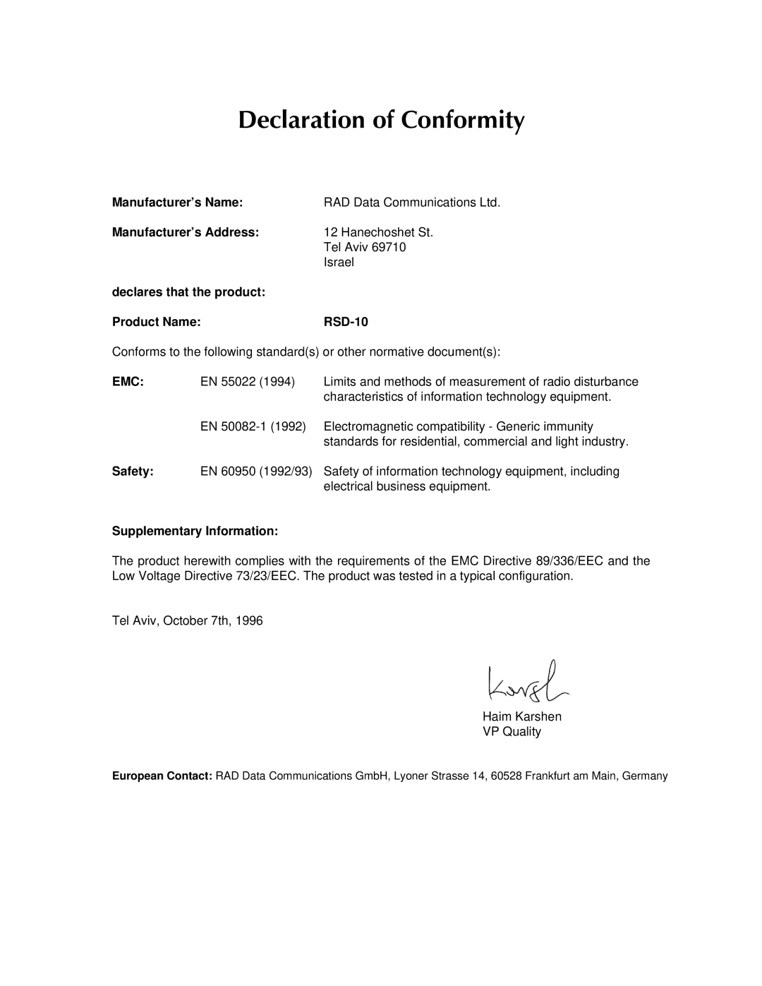 RAD Data comm RSD-20 operation manual Hfodudwlrqri&Rqiruplw 