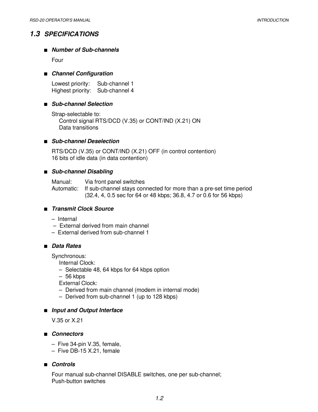 RAD Data comm RSD-20 operation manual Specifications 