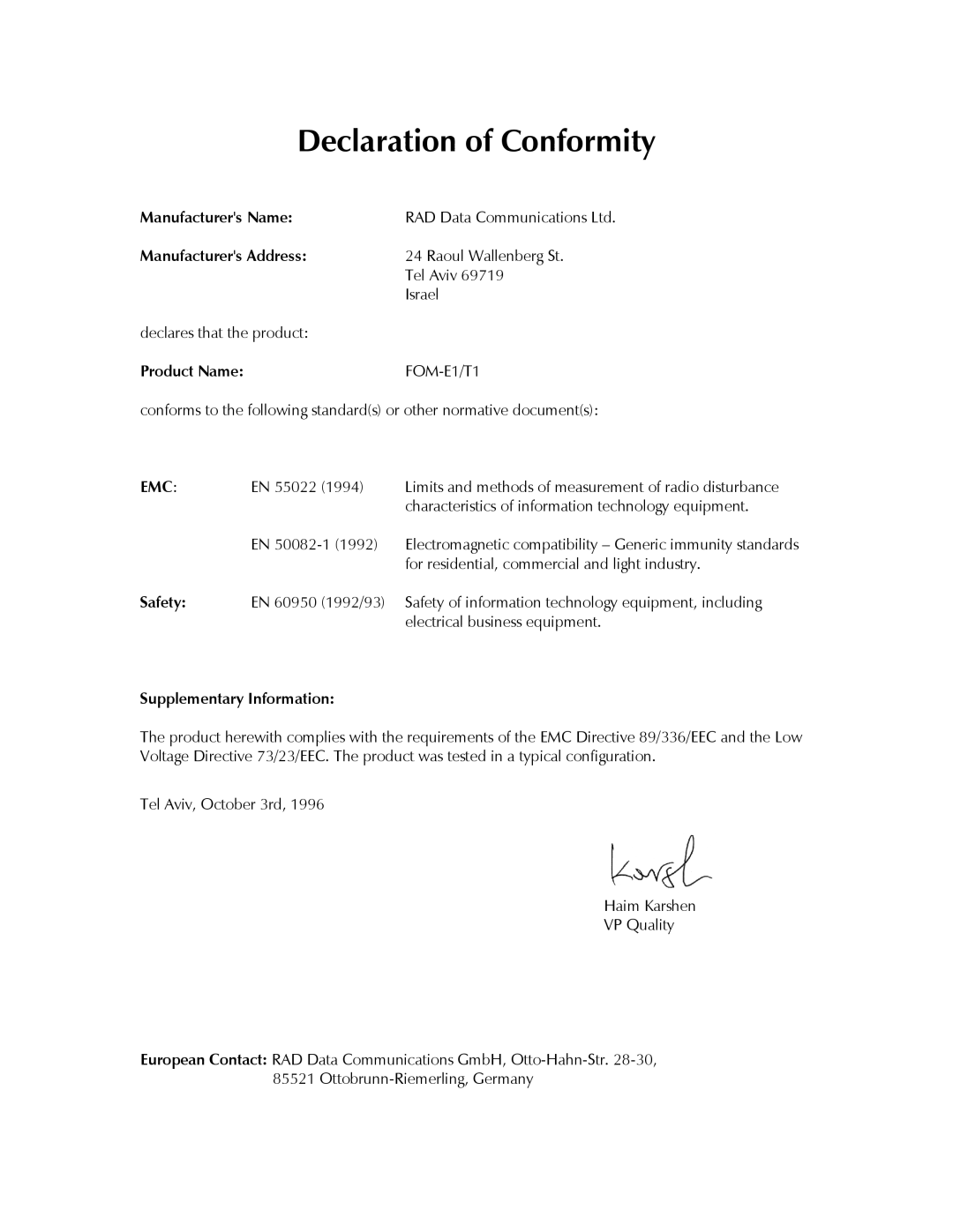 RAD Data comm T1, E1 Declaration of Conformity, Manufacturers Name Manufacturers Address, Product Name, Safety 