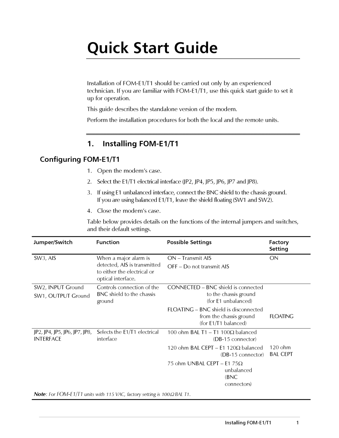 RAD Data comm operation manual Quick Start Guide, Installing FOM-E1/T1, Configuring FOM-E1/T1 