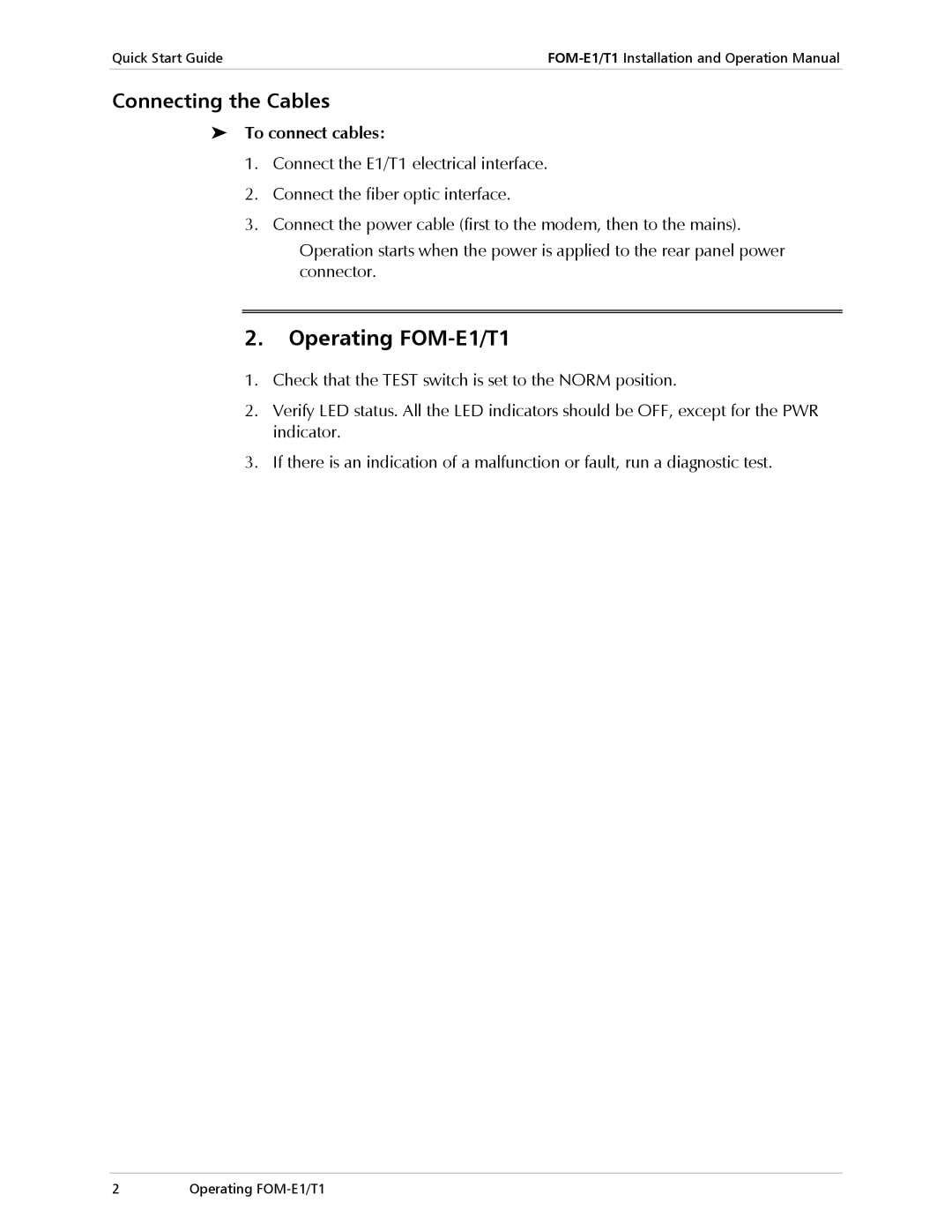 RAD Data comm operation manual Operating FOM-E1/T1, Connecting the Cables, To connect cables 