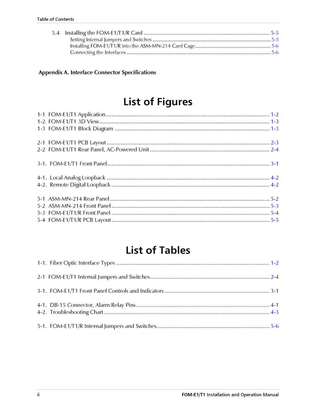 RAD Data comm T1, E1 operation manual List of Figures, List of Tables, Appendix A. Interface Connector Specifications 