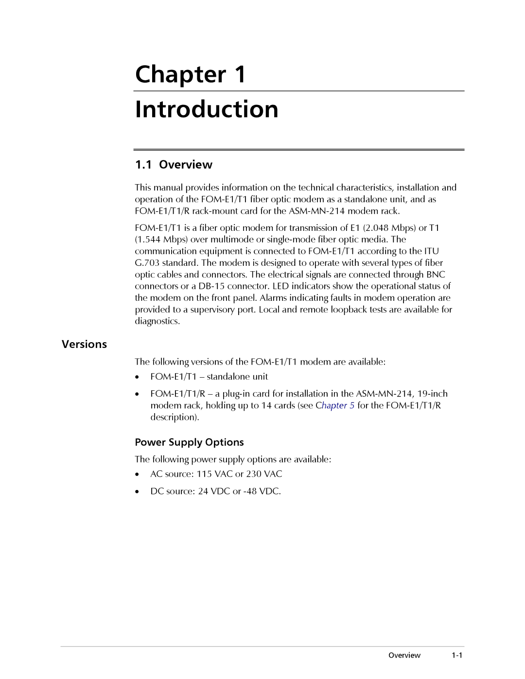 RAD Data comm E1, T1 operation manual Chapter Introduction, Overview, Versions, Power Supply Options 