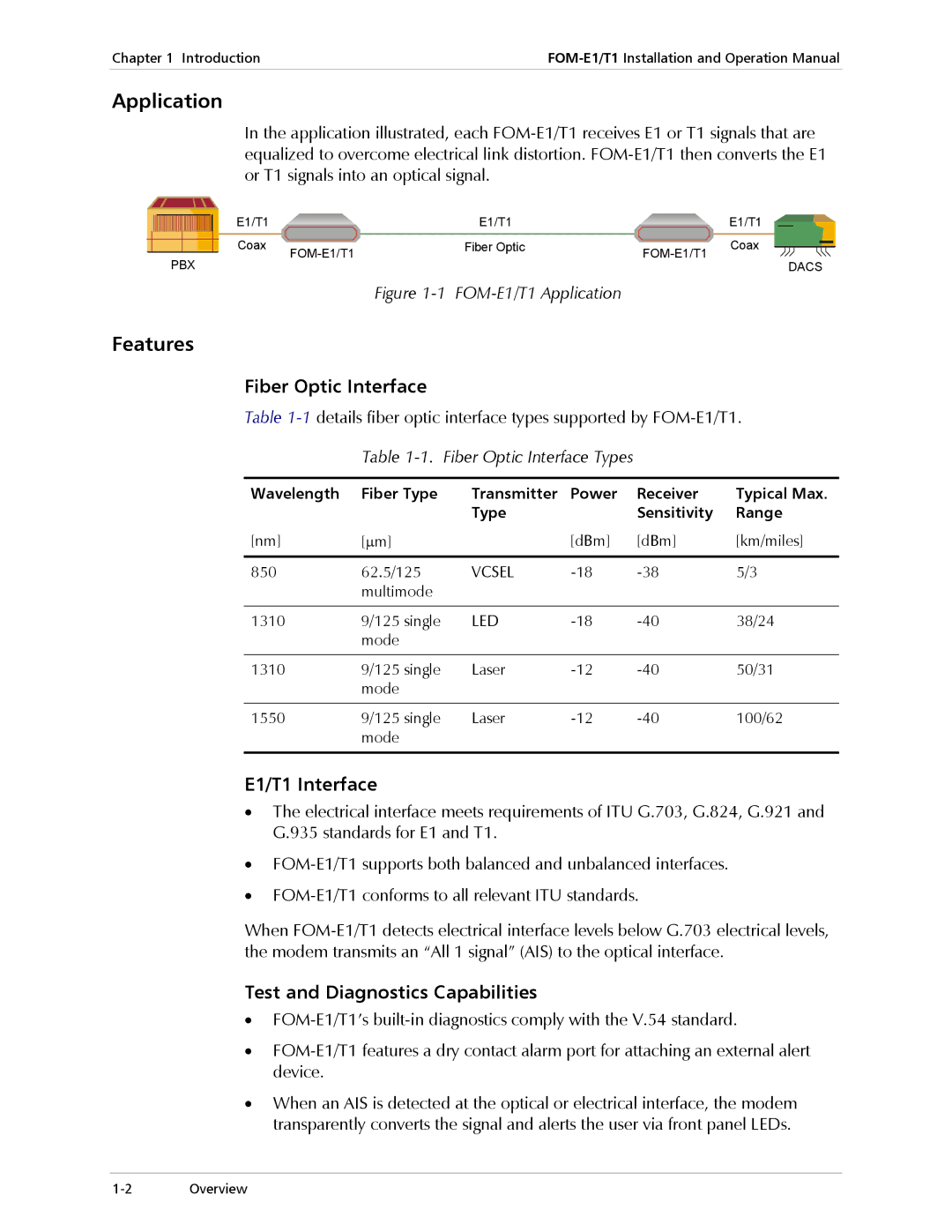 RAD Data comm Application, Features, Fiber Optic Interface, E1/T1 Interface, Test and Diagnostics Capabilities 