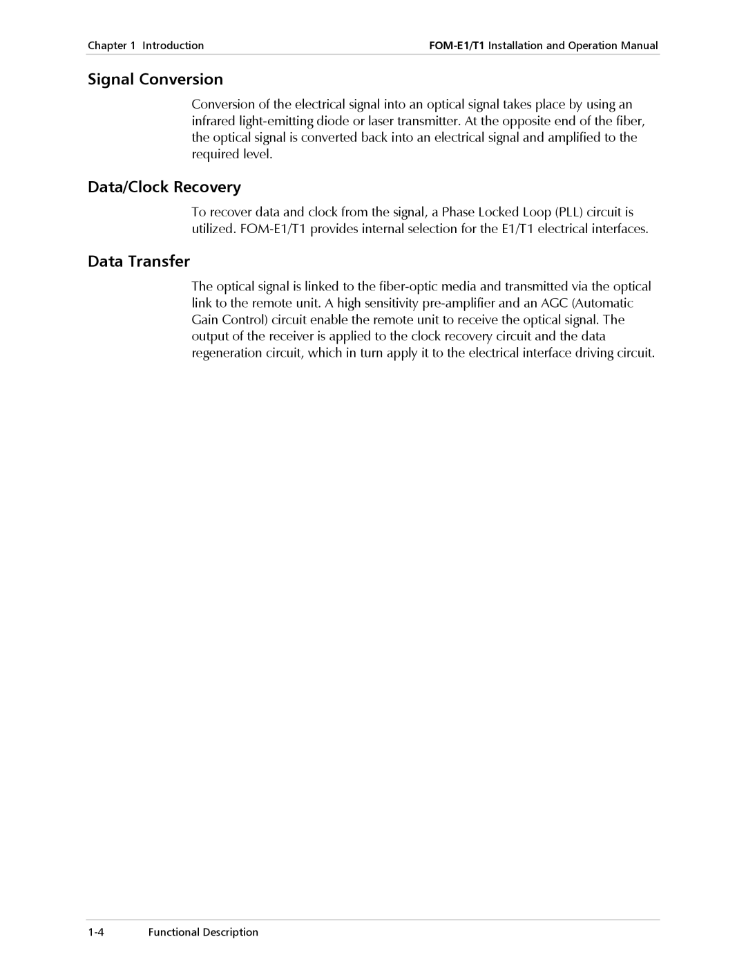 RAD Data comm T1, E1 operation manual Signal Conversion, Data/Clock Recovery, Data Transfer 