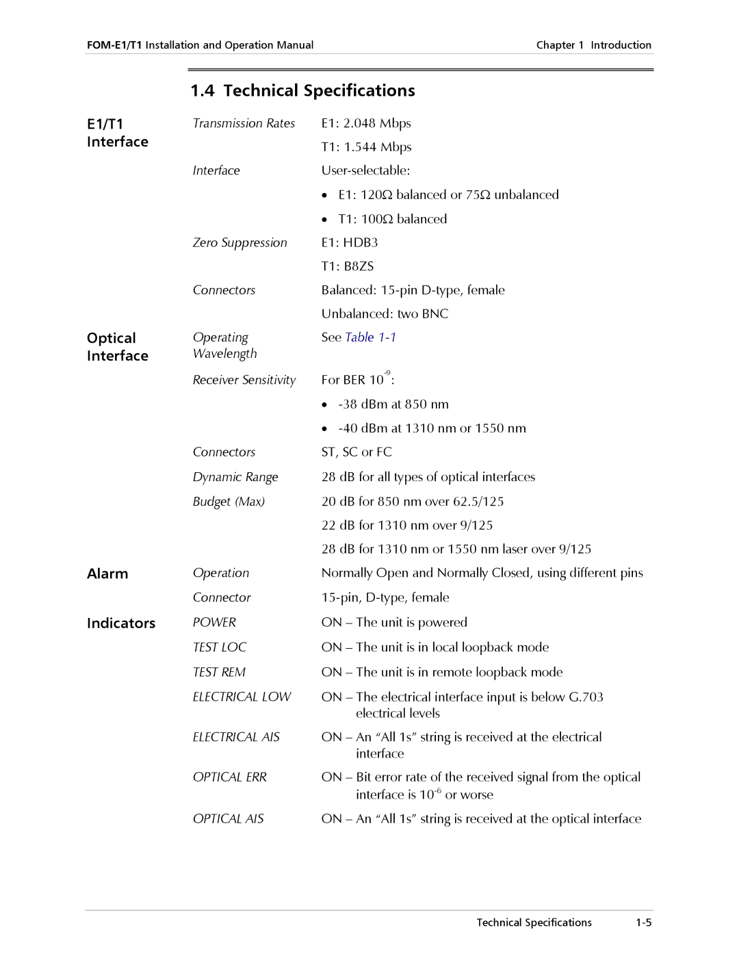 RAD Data comm E1, T1 operation manual Technical Specifications 