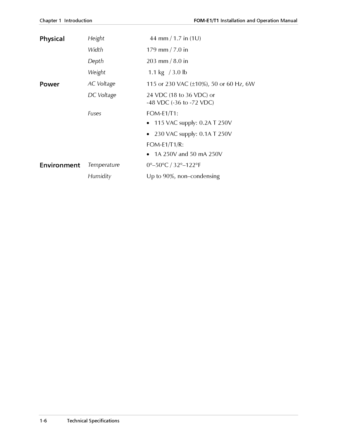 RAD Data comm T1, E1 operation manual 1A 250V and 50 mA, 50 C, Temperature Humidity Up to 90%, non-condensing 