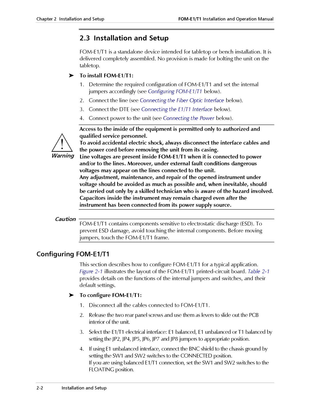 RAD Data comm operation manual Installation and Setup, To install FOM-E1/T1, To configure FOM-E1/T1 