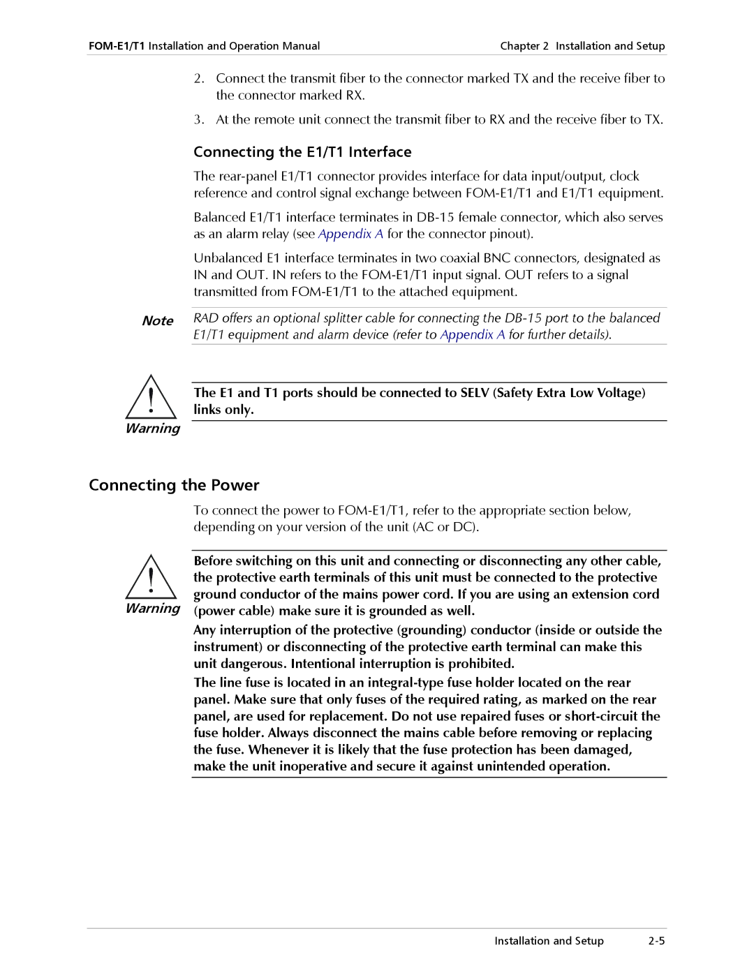 RAD Data comm operation manual Connecting the Power, Connecting the E1/T1 Interface 