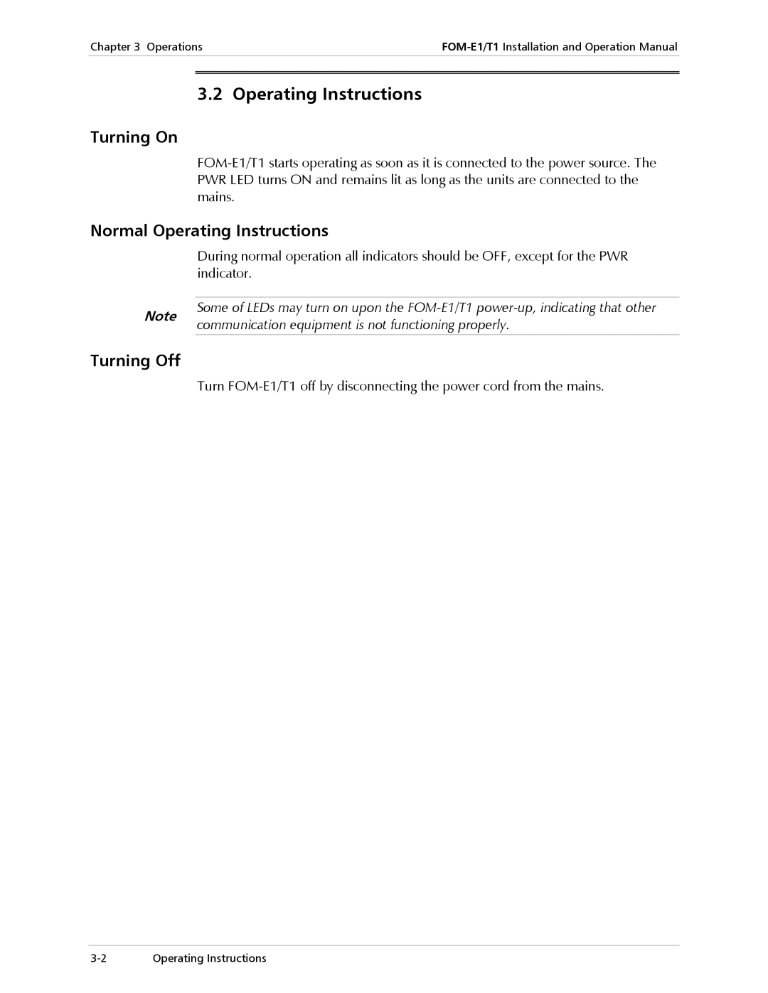 RAD Data comm T1, E1 operation manual Turning On, Normal Operating Instructions, Turning Off 