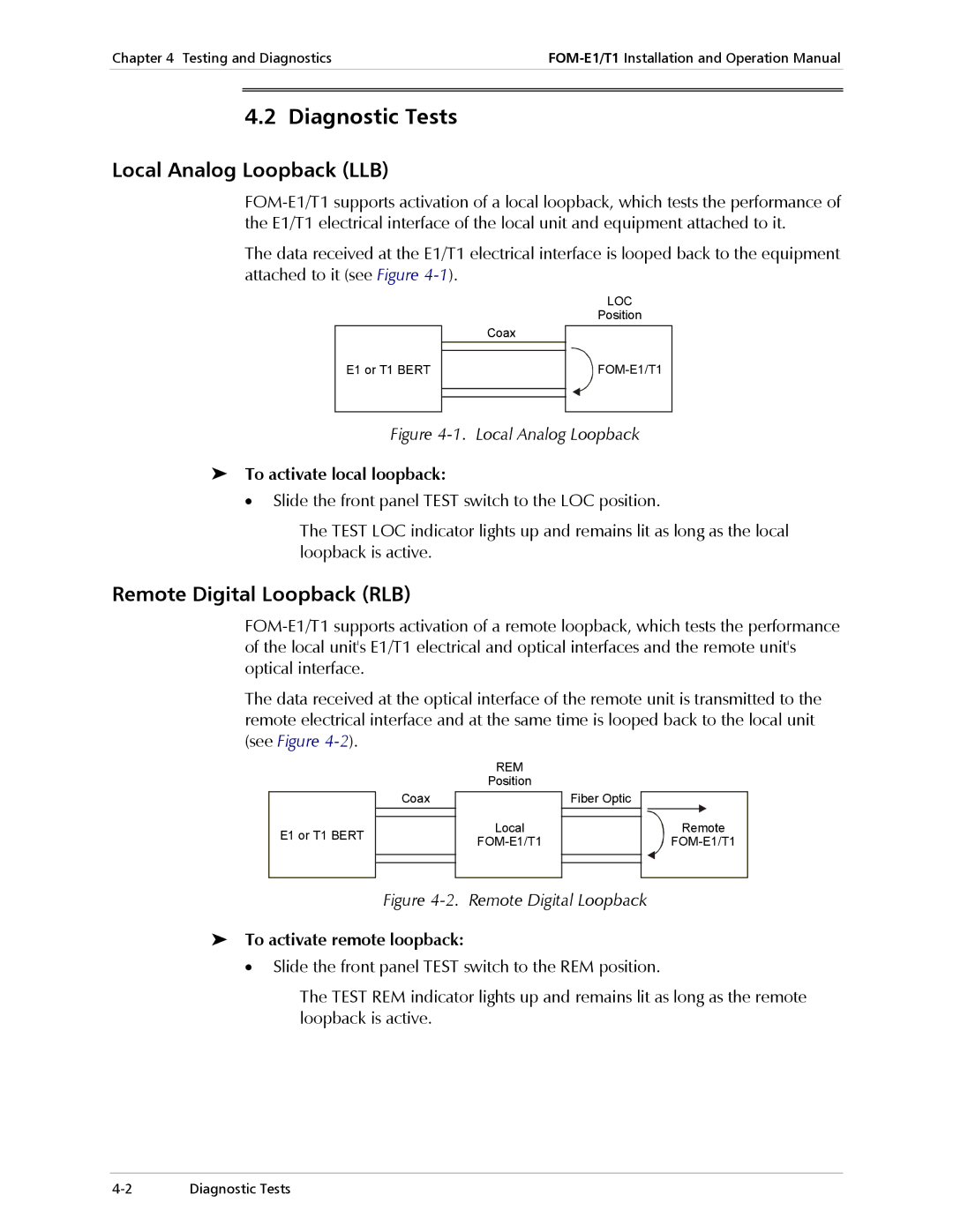 RAD Data comm T1, E1 Diagnostic Tests, Local Analog Loopback LLB, Remote Digital Loopback RLB, To activate local loopback 