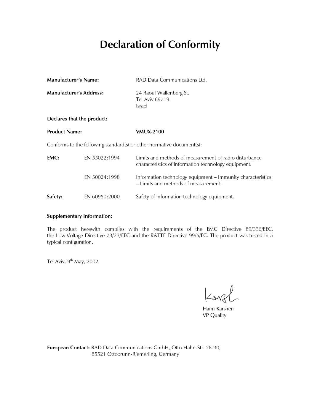 RAD Data comm Vmux-2100 Voice Trunking Gateway operation manual Safety, Supplementary Information 