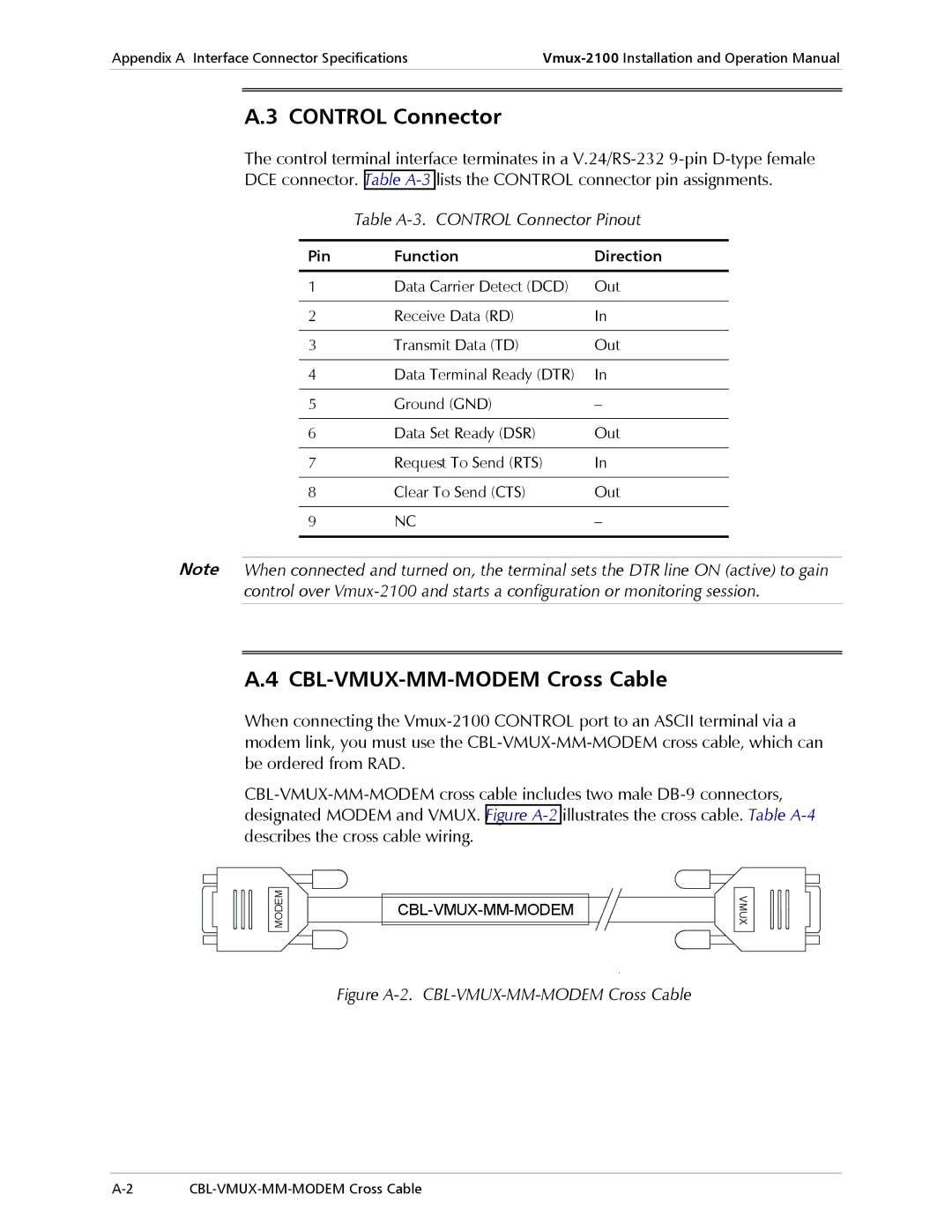 RAD Data comm Vmux-2100 CBL-VMUX-MM-MODEM Cross Cable, Table A-3. Control Connector Pinout, Pin Function Direction 