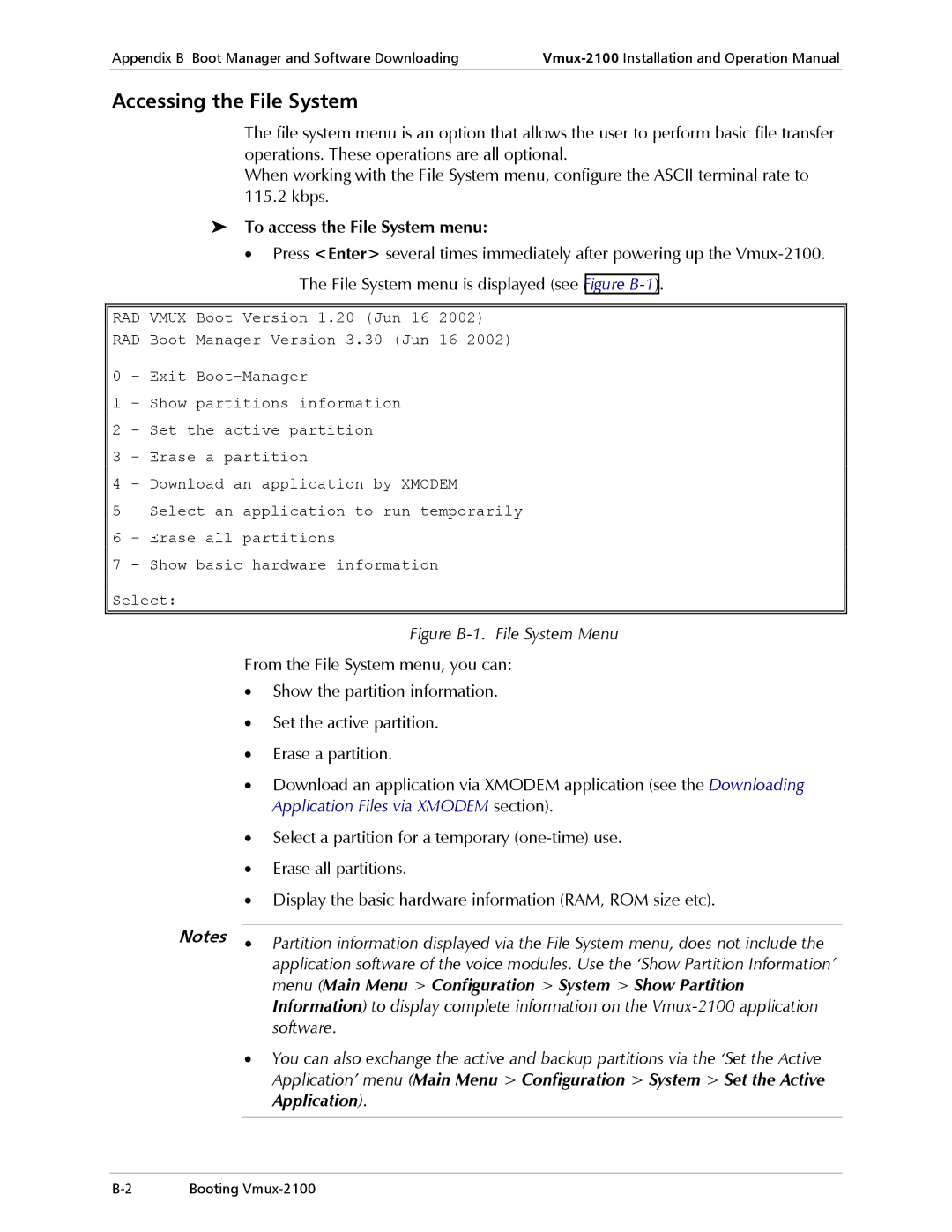 RAD Data comm Vmux-2100 Voice Trunking Gateway Accessing the File System, To access the File System menu 