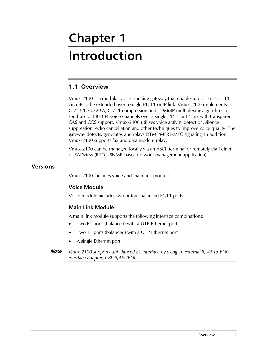 RAD Data comm Vmux-2100 Voice Trunking Gateway Chapter Introduction, Overview, Versions, Voice Module, Main Link Module 