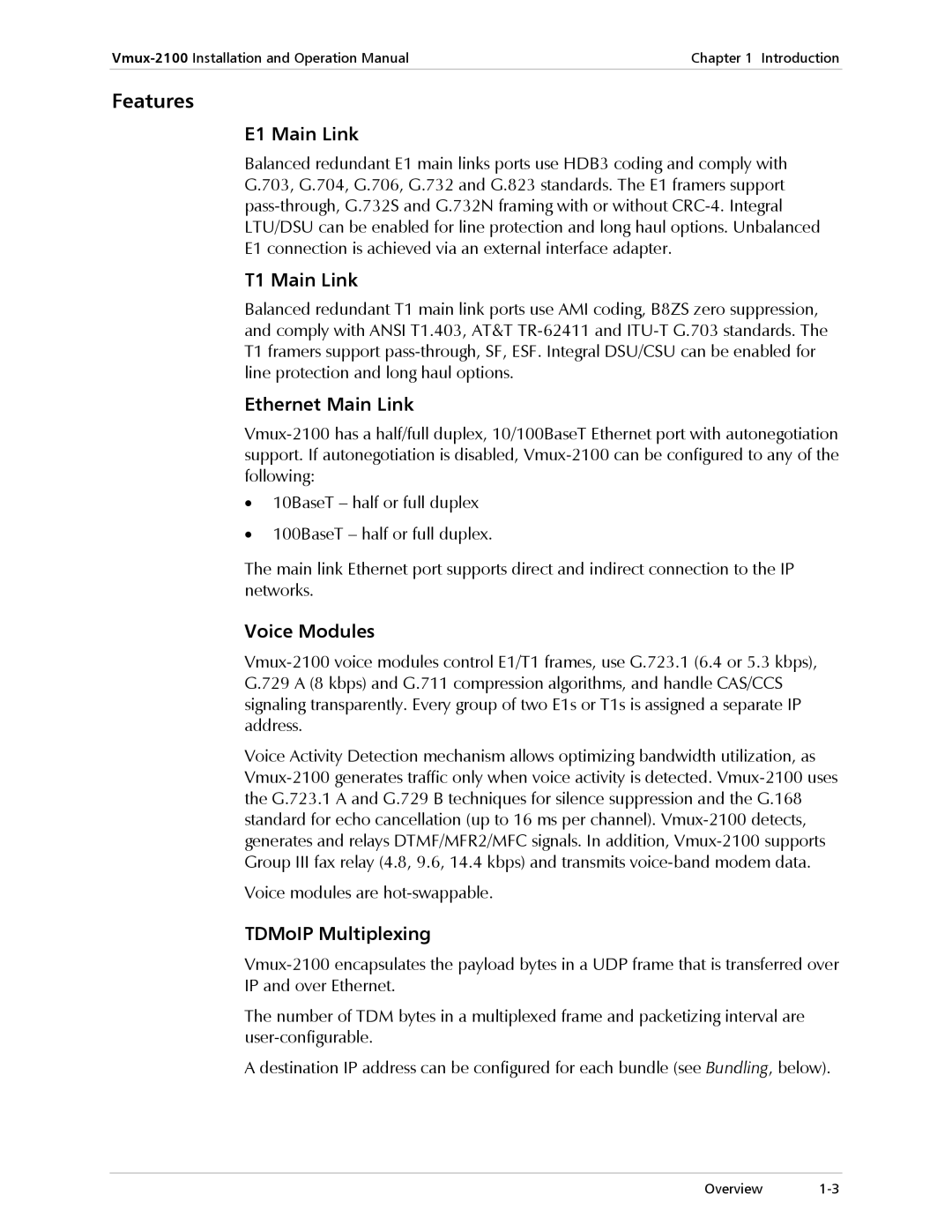 RAD Data comm Vmux-2100 Voice Trunking Gateway operation manual Features 