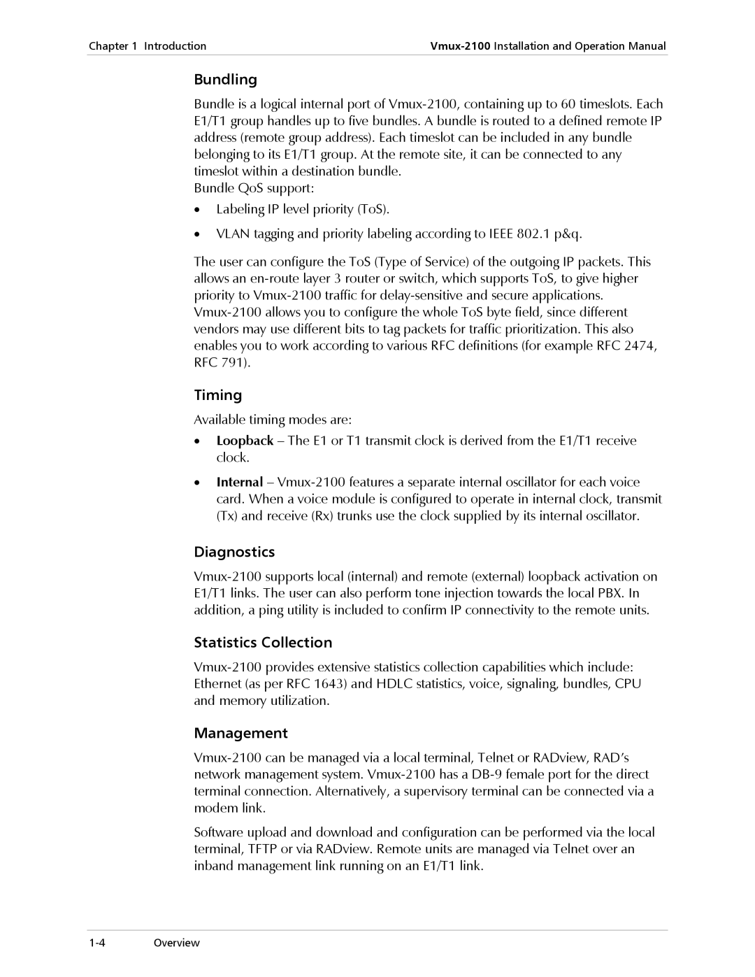 RAD Data comm Vmux-2100 Voice Trunking Gateway Bundling, Timing, Diagnostics, Statistics Collection, Management 