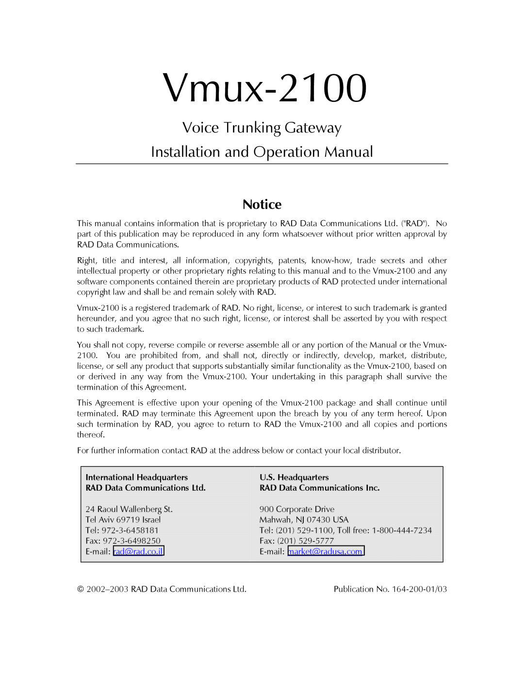 RAD Data comm Vmux-2100 Voice Trunking Gateway operation manual International Headquarters RAD Data Communications Inc 