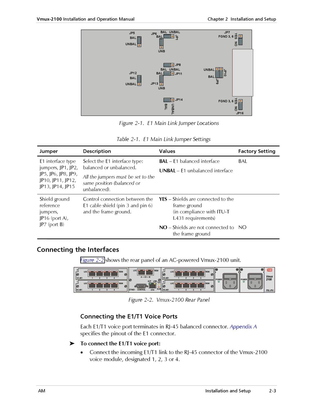 RAD Data comm Vmux-2100 Voice Trunking Gateway operation manual Connecting the Interfaces, Connecting the E1/T1 Voice Ports 