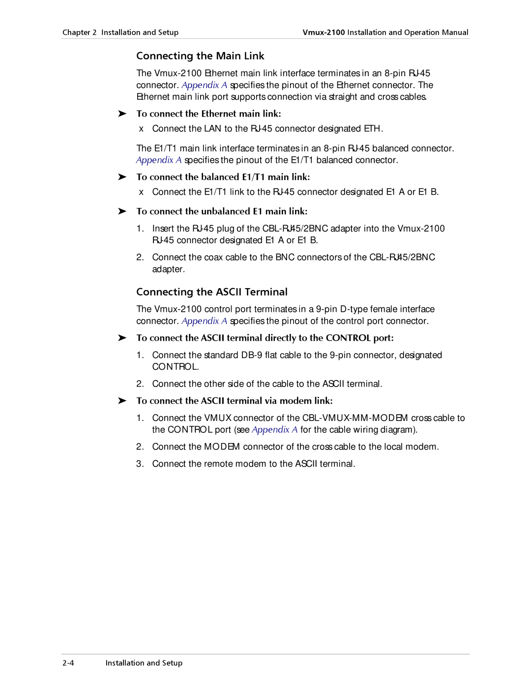 RAD Data comm Vmux-2100 Voice Trunking Gateway operation manual Connecting the Main Link, Connecting the Ascii Terminal 