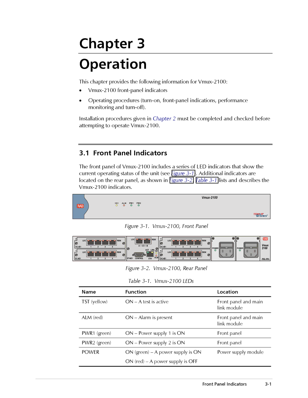 RAD Data comm Vmux-2100 Voice Trunking Gateway operation manual Chapter Operation, Front Panel Indicators, Vmux-2100 LEDs 