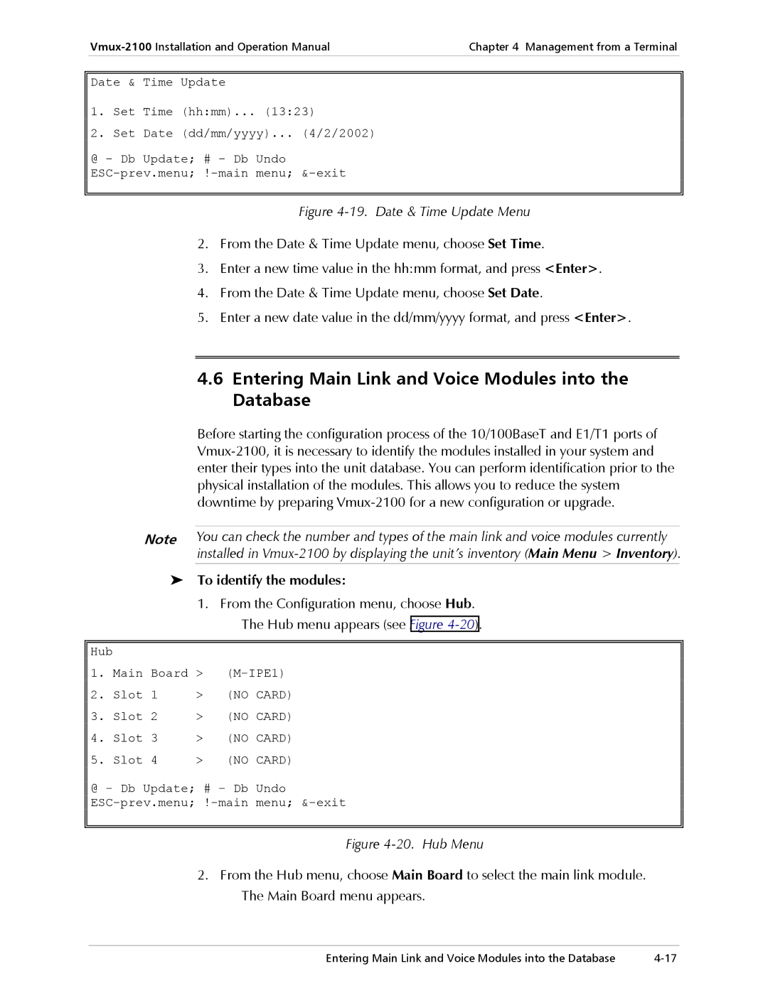 RAD Data comm Vmux-2100 Voice Trunking Gateway operation manual Entering Main Link and Voice Modules into the Database 