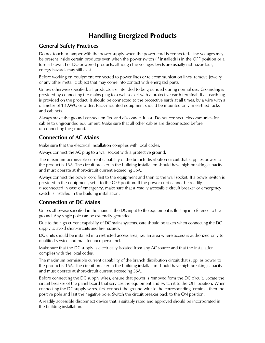 RAD Data comm Vmux-2100 operation manual General Safety Practices, Connection of AC Mains, Connection of DC Mains 