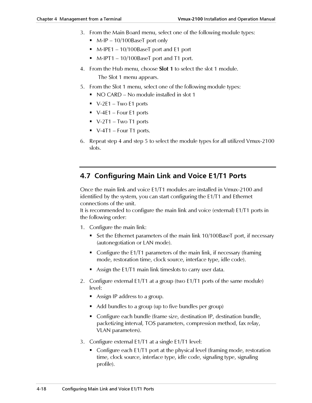 RAD Data comm Vmux-2100 Voice Trunking Gateway operation manual Configuring Main Link and Voice E1/T1 Ports 