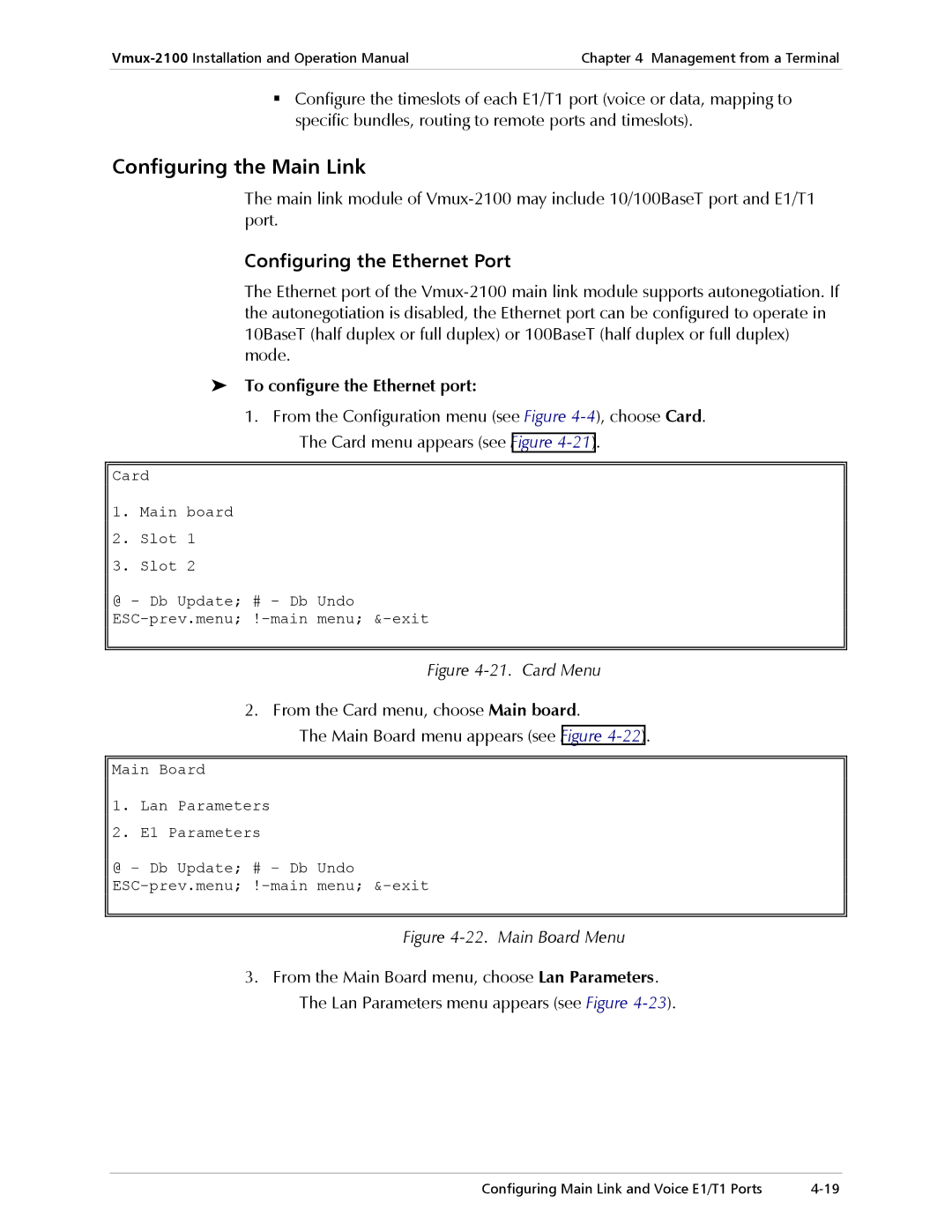 RAD Data comm Vmux-2100 Voice Trunking Gateway operation manual Configuring the Main Link, Configuring the Ethernet Port 