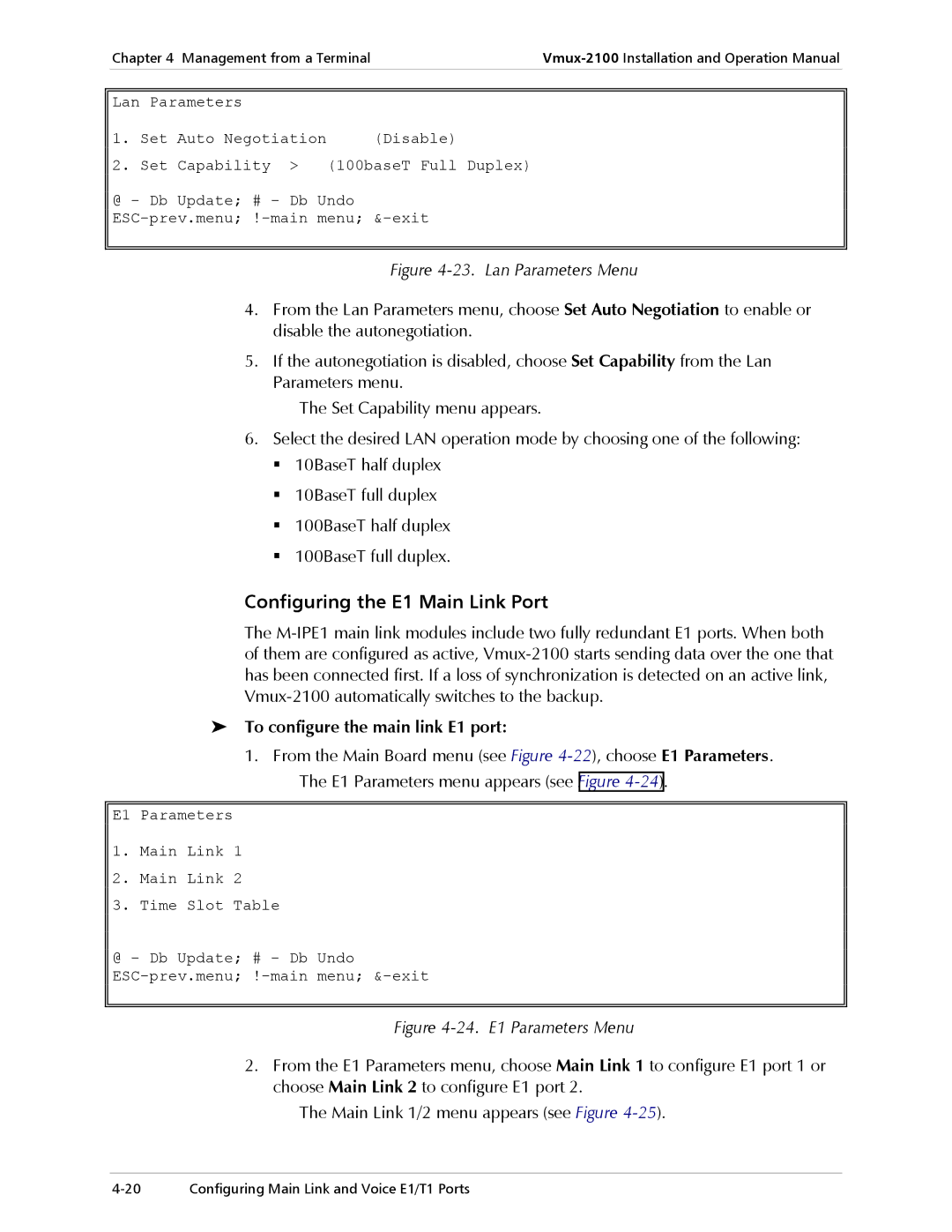 RAD Data comm Vmux-2100 operation manual Configuring the E1 Main Link Port, To configure the main link E1 port 