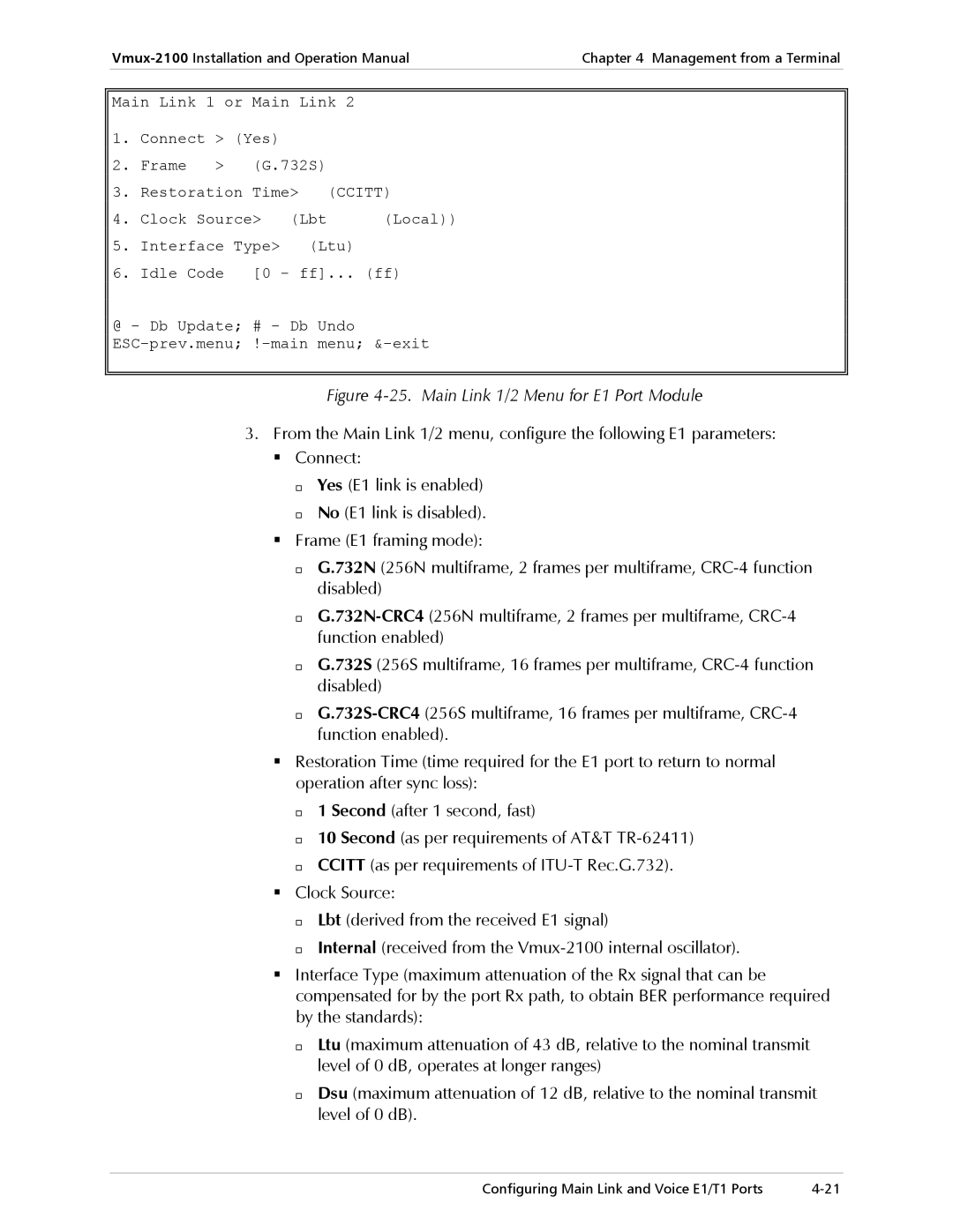 RAD Data comm Vmux-2100 Voice Trunking Gateway operation manual Main Link 1/2 Menu for E1 Port Module 