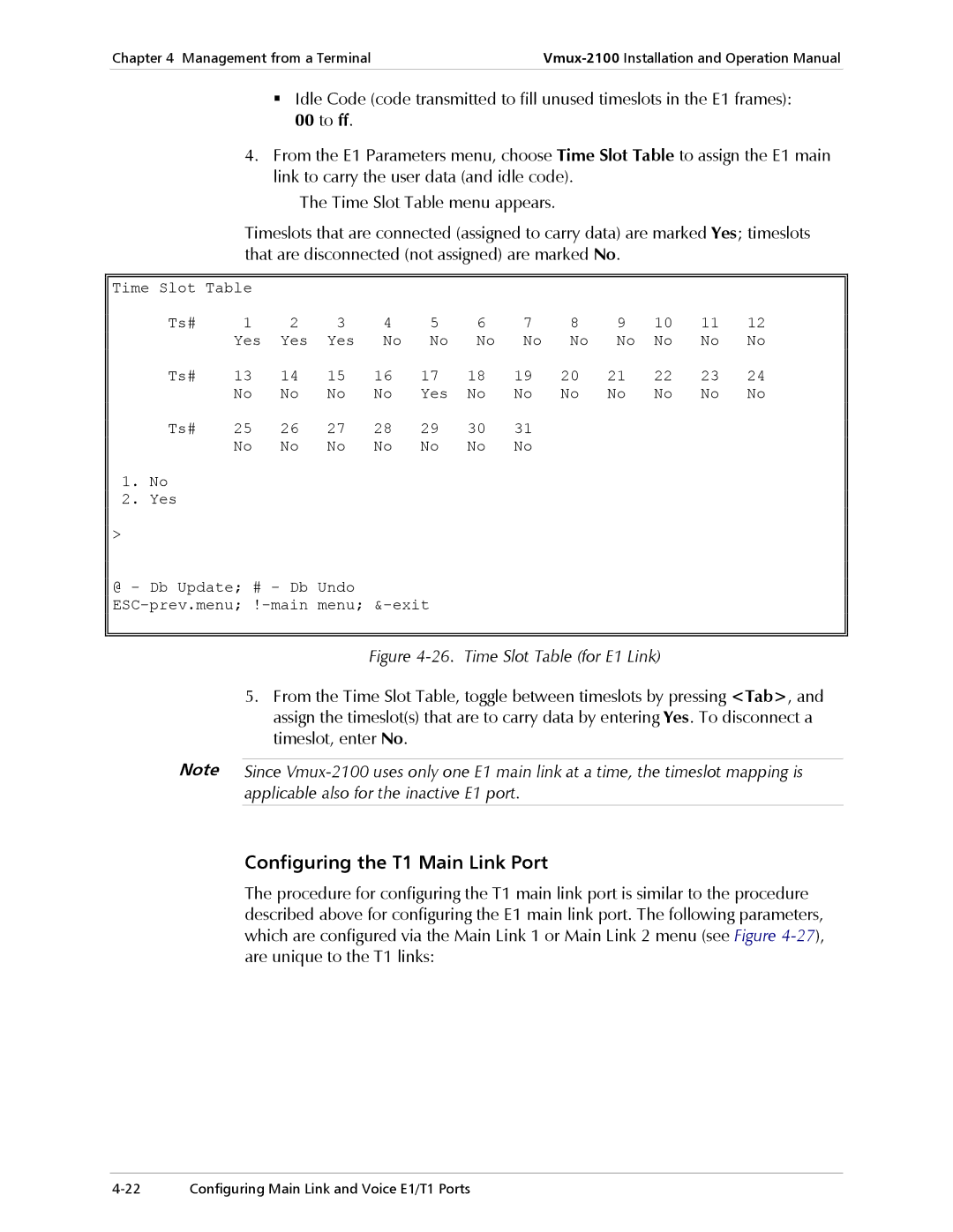 RAD Data comm Vmux-2100 Voice Trunking Gateway Configuring the T1 Main Link Port, Time Slot Table for E1 Link 