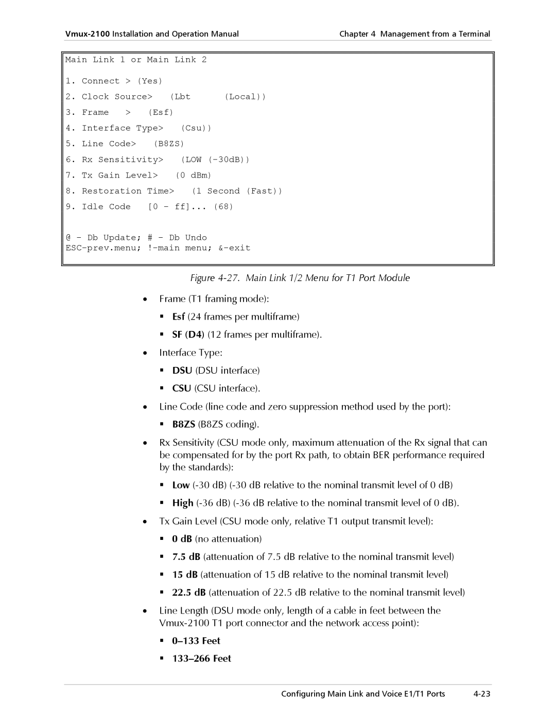 RAD Data comm Vmux-2100 Voice Trunking Gateway operation manual Main Link 1/2 Menu for T1 Port Module, Feet 