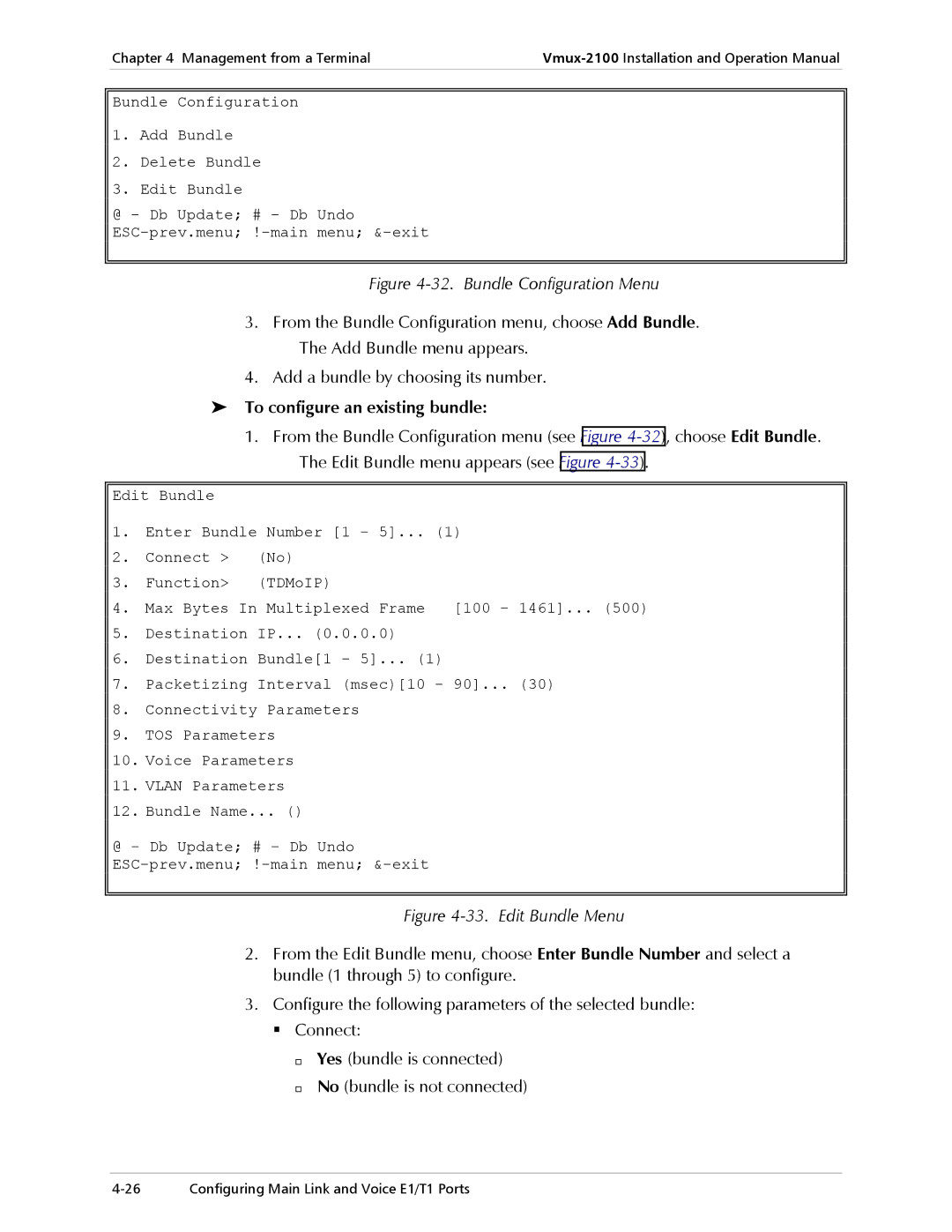 RAD Data comm Vmux-2100 Voice Trunking Gateway Bundle Configuration Menu, To configure an existing bundle 