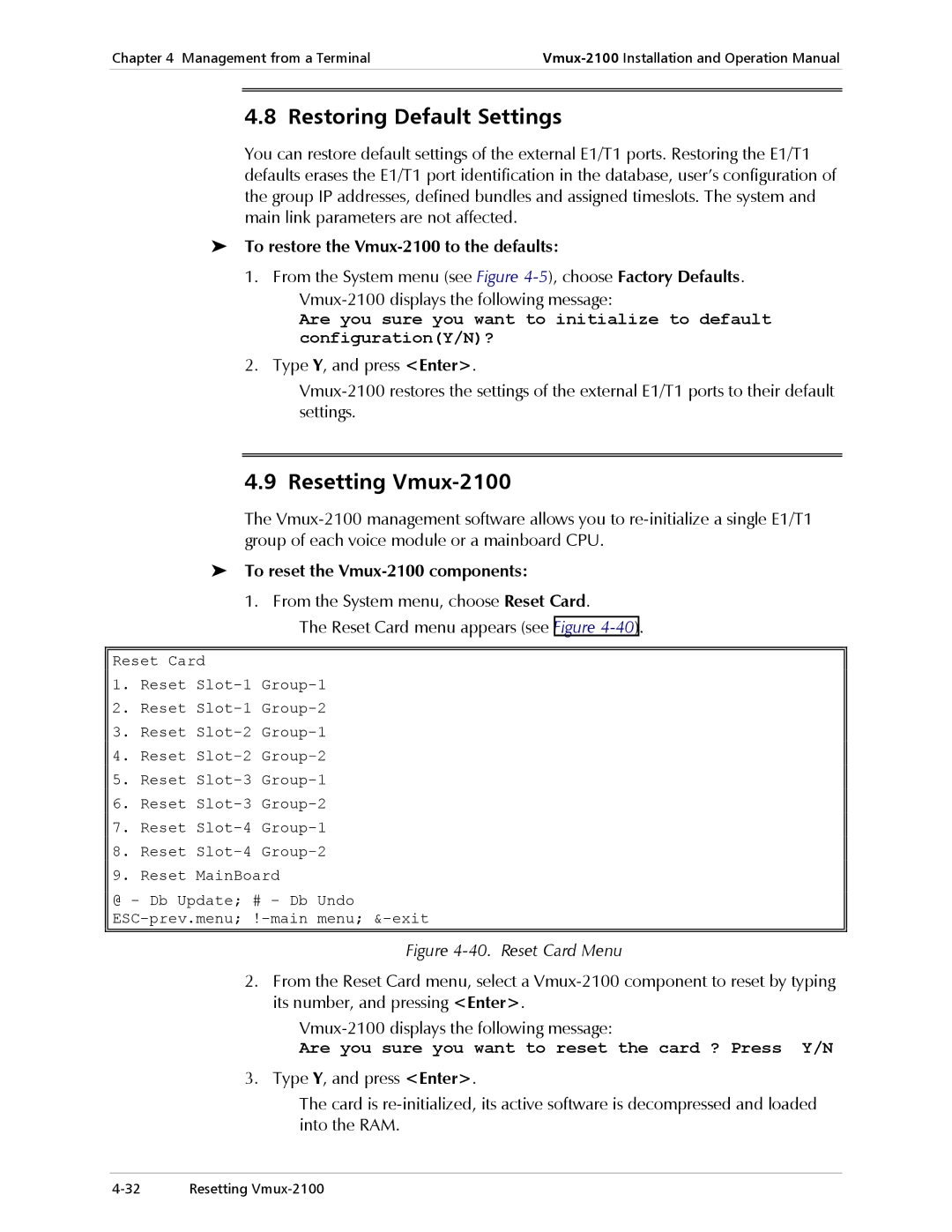 RAD Data comm operation manual Restoring Default Settings, Resetting Vmux-2100, To restore the Vmux-2100 to the defaults 