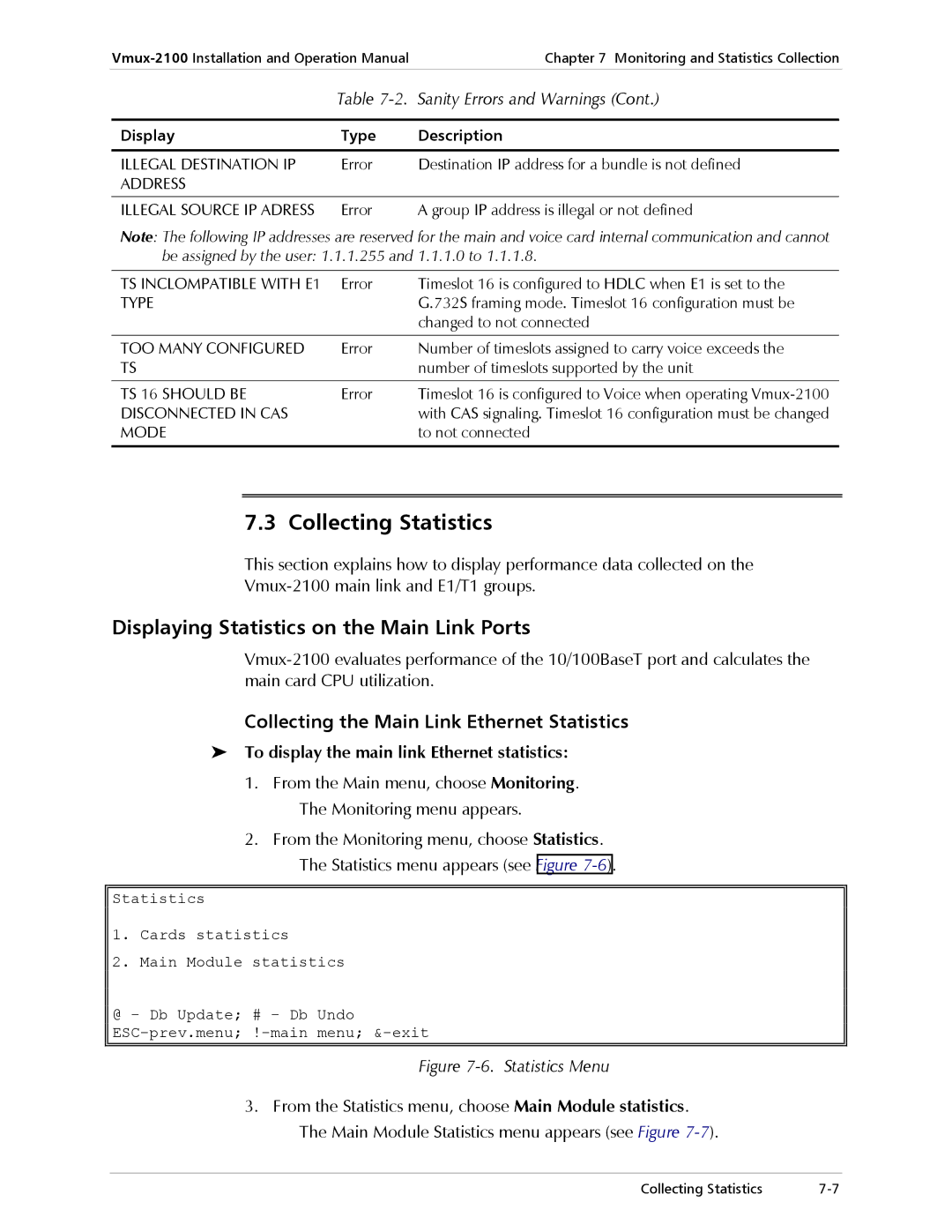 RAD Data comm Vmux-2100 Voice Trunking Gateway Collecting Statistics, Displaying Statistics on the Main Link Ports 