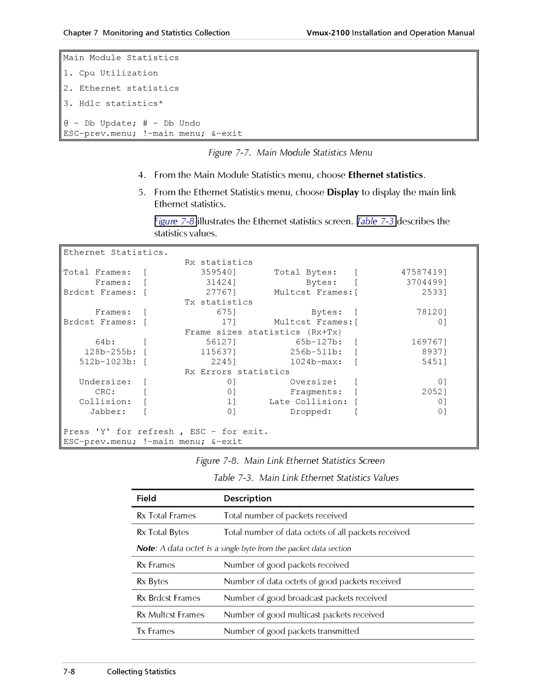 RAD Data comm Vmux-2100 operation manual Main Module Statistics Menu, Main Link Ethernet Statistics Values 