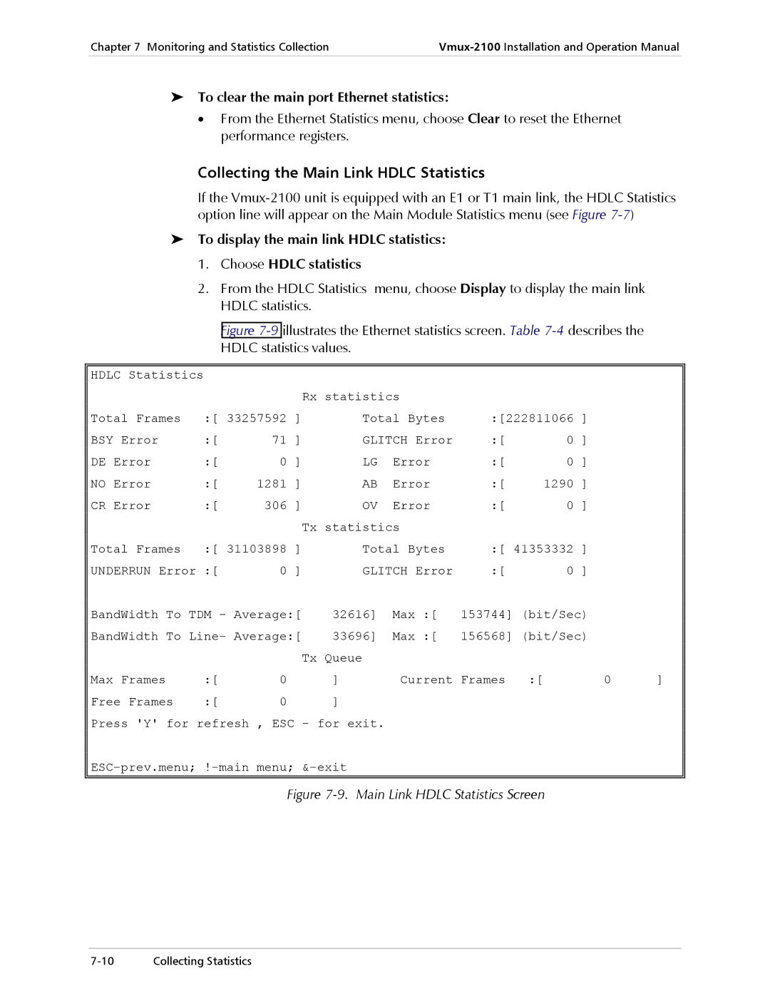 RAD Data comm Vmux-2100 Collecting the Main Link Hdlc Statistics, To clear the main port Ethernet statistics 