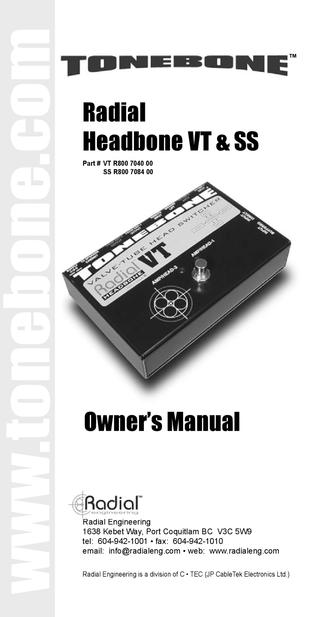 Radian Technologies VT R800 7040 00 owner manual Radial Headbone VT & SS 