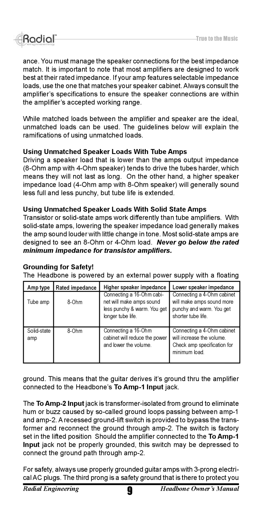Radian Technologies VT R800 7040 00 owner manual Using Unmatched Speaker Loads With Tube Amps, Grounding for Safety 