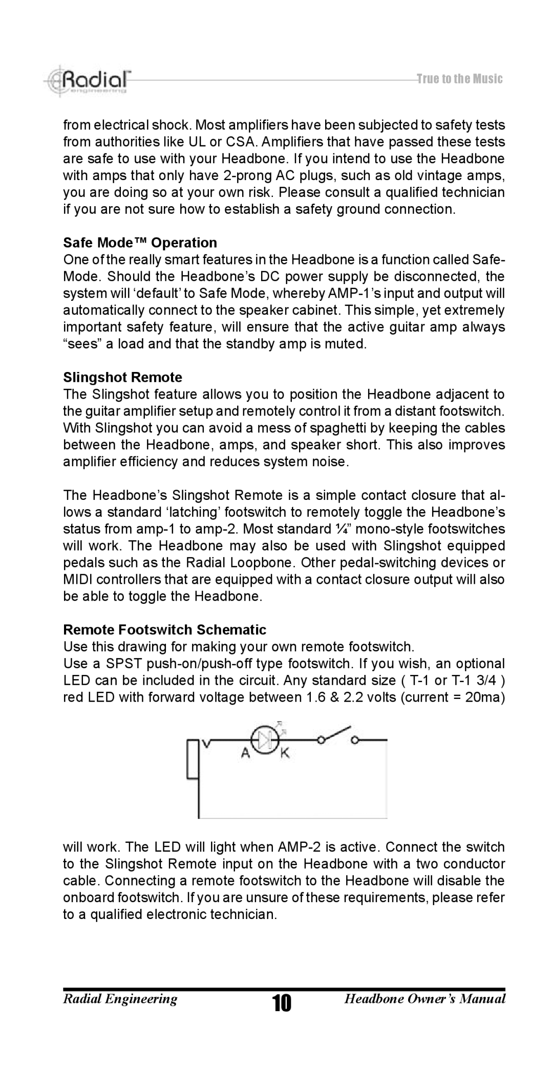 Radian Technologies VT R800 7040 00 owner manual Safe Mode Operation, Slingshot Remote, Remote Footswitch Schematic 