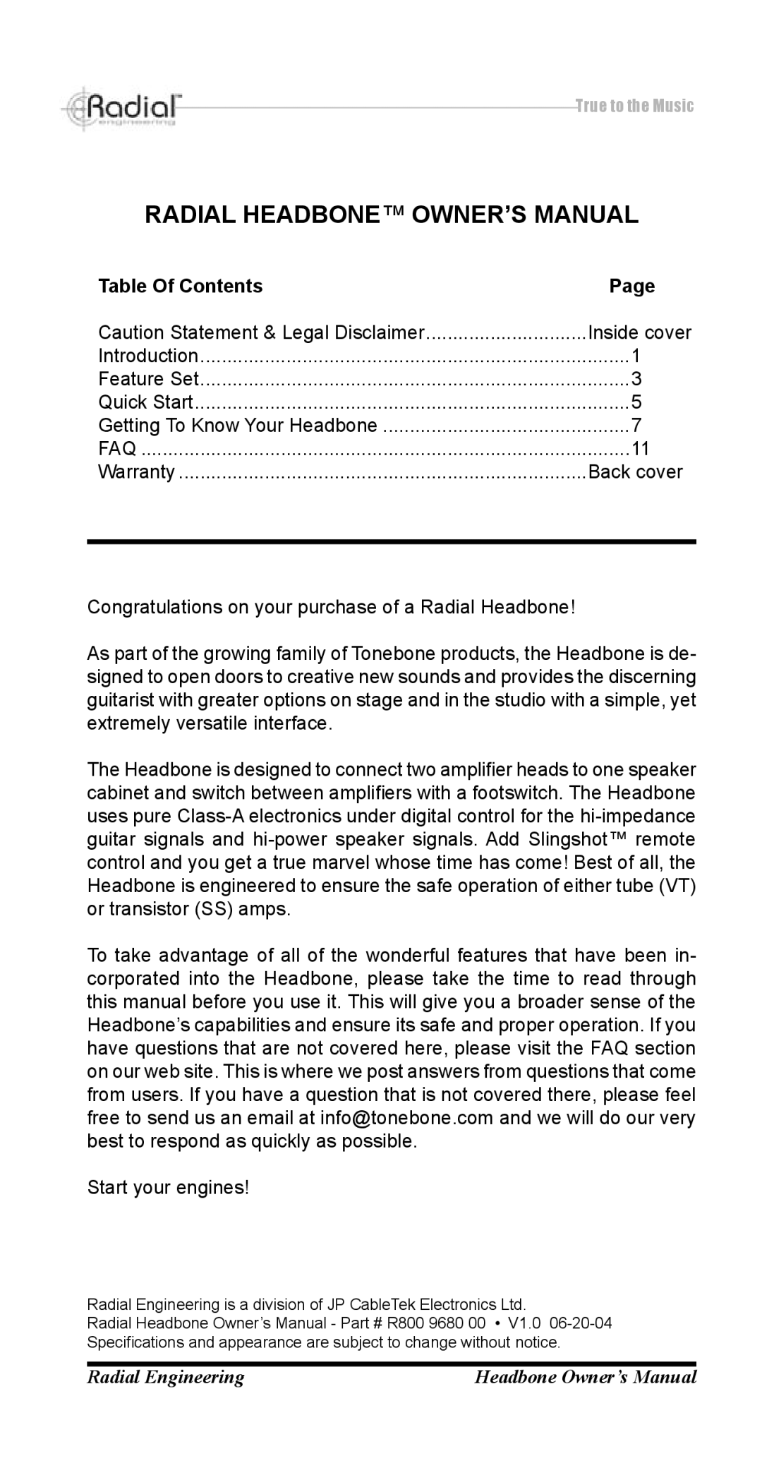 Radian Technologies VT R800 7040 00 owner manual Table Of Contents 