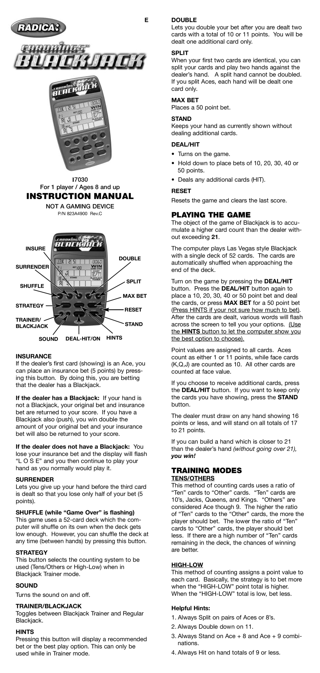 Radica Games 17030 instruction manual Playing the Game, Training Modes 