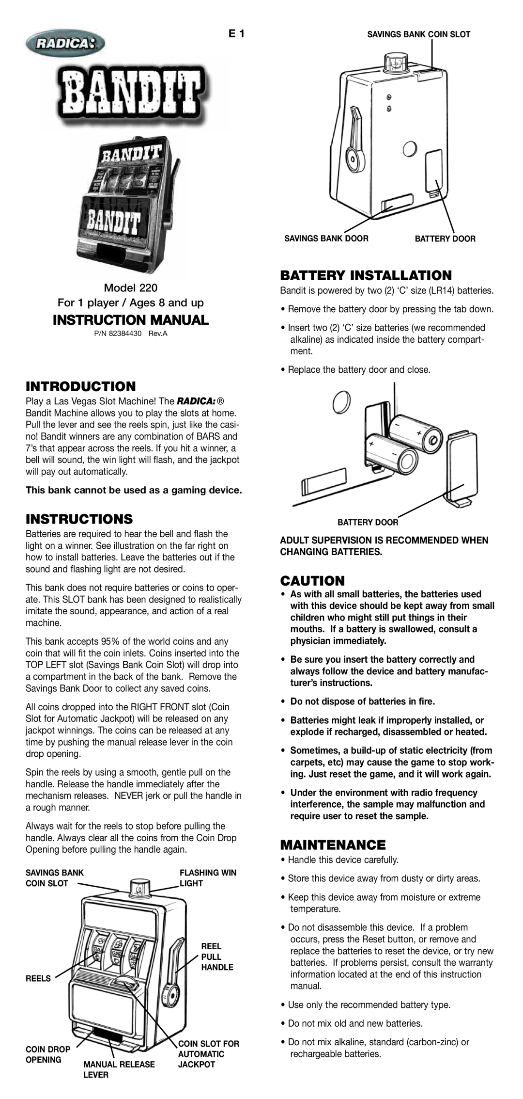 Radica Games 220 warranty Instruction Manual, Introduction, Instructions, Battery Installation, Maintenance 