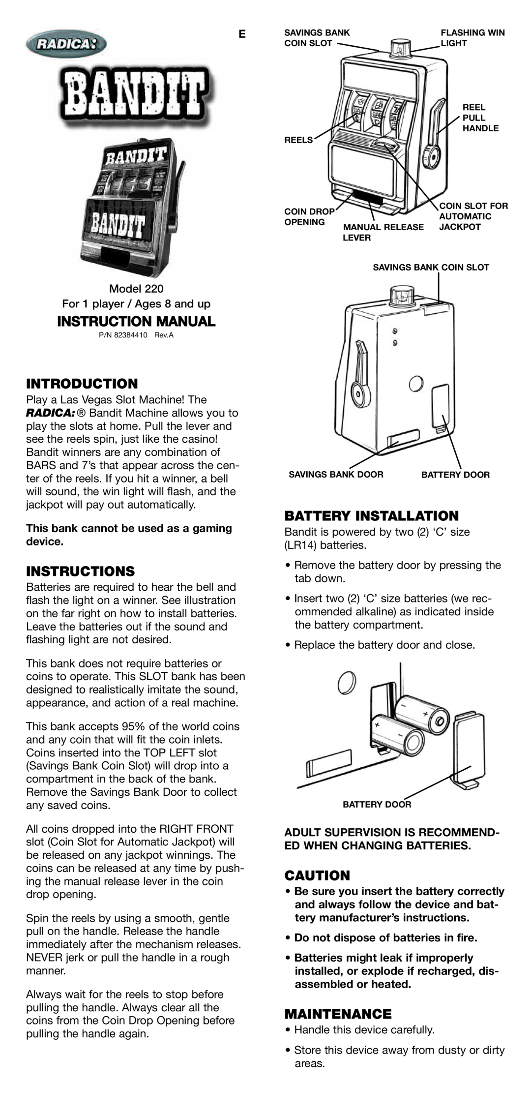 Radica Games 220 manual Introduction, Instructions, Battery Installation, Maintenance, Do not dispose of batteries in fire 