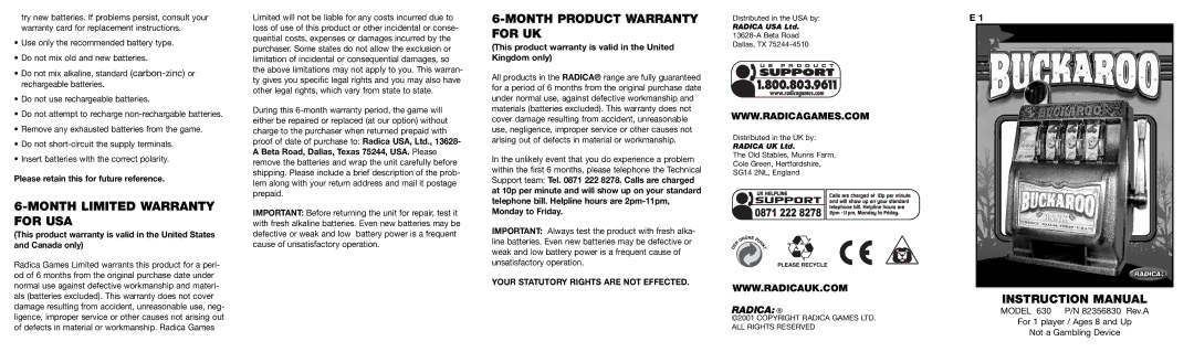 Radica Games 630 instruction manual Month Limited Warranty for USA, Month Product Warranty for UK 