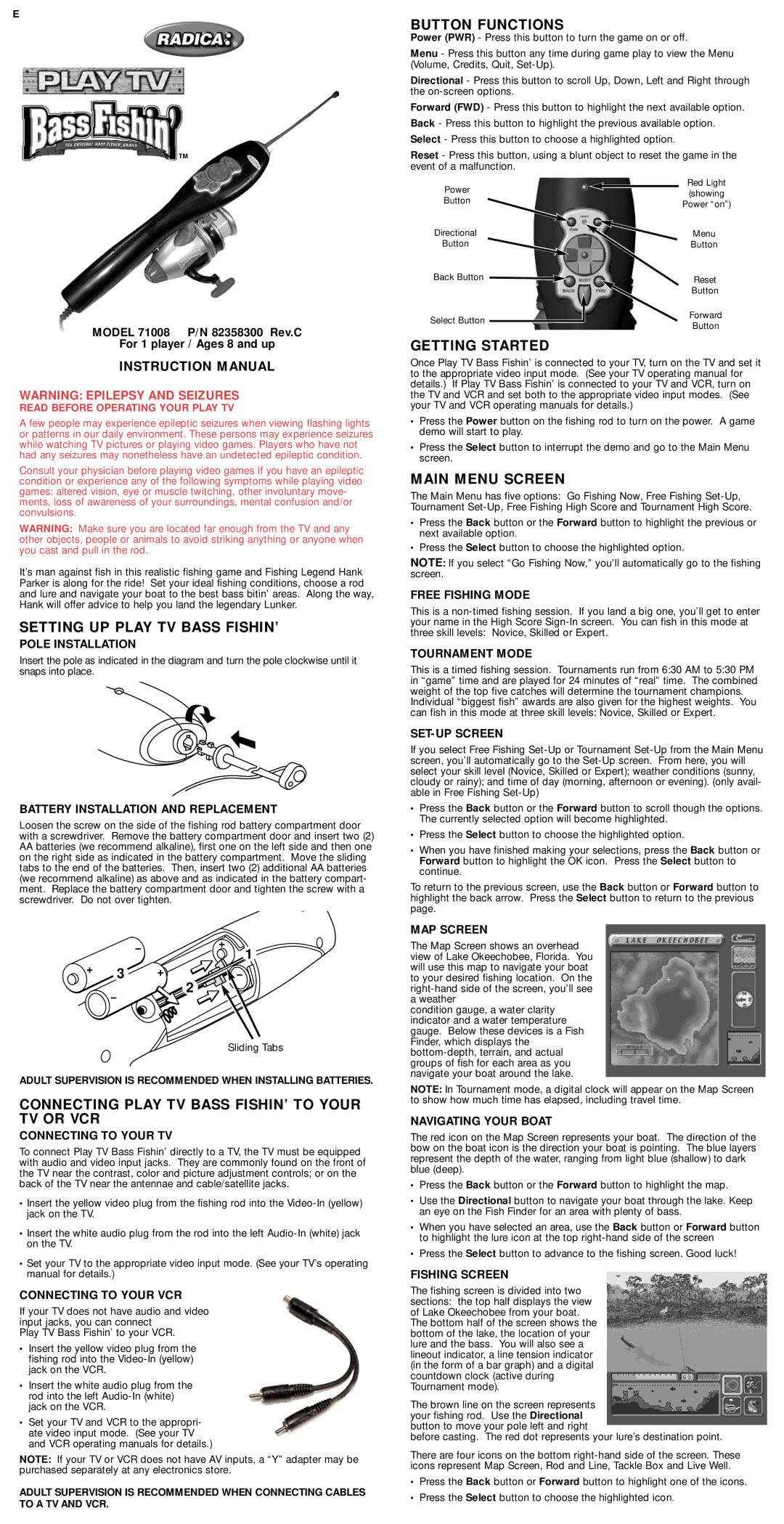 Radica Games 71008 instruction manual Setting UP Play TV Bass FISHIN’, Connecting Play TV Bass FISHIN’ to Your TV or VCR 