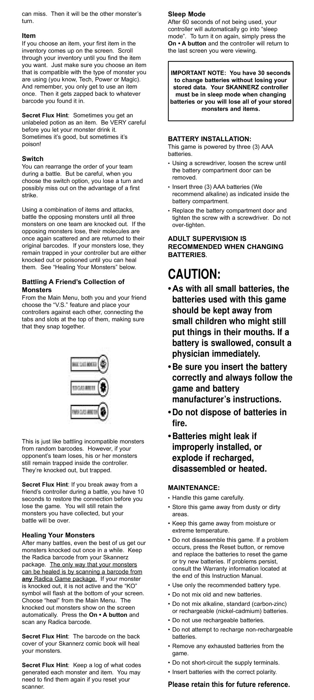 Radica Games 71051, 71028 Battery Installation, Adult Supervision is Recommended When Changing Batteries, Maintenance 