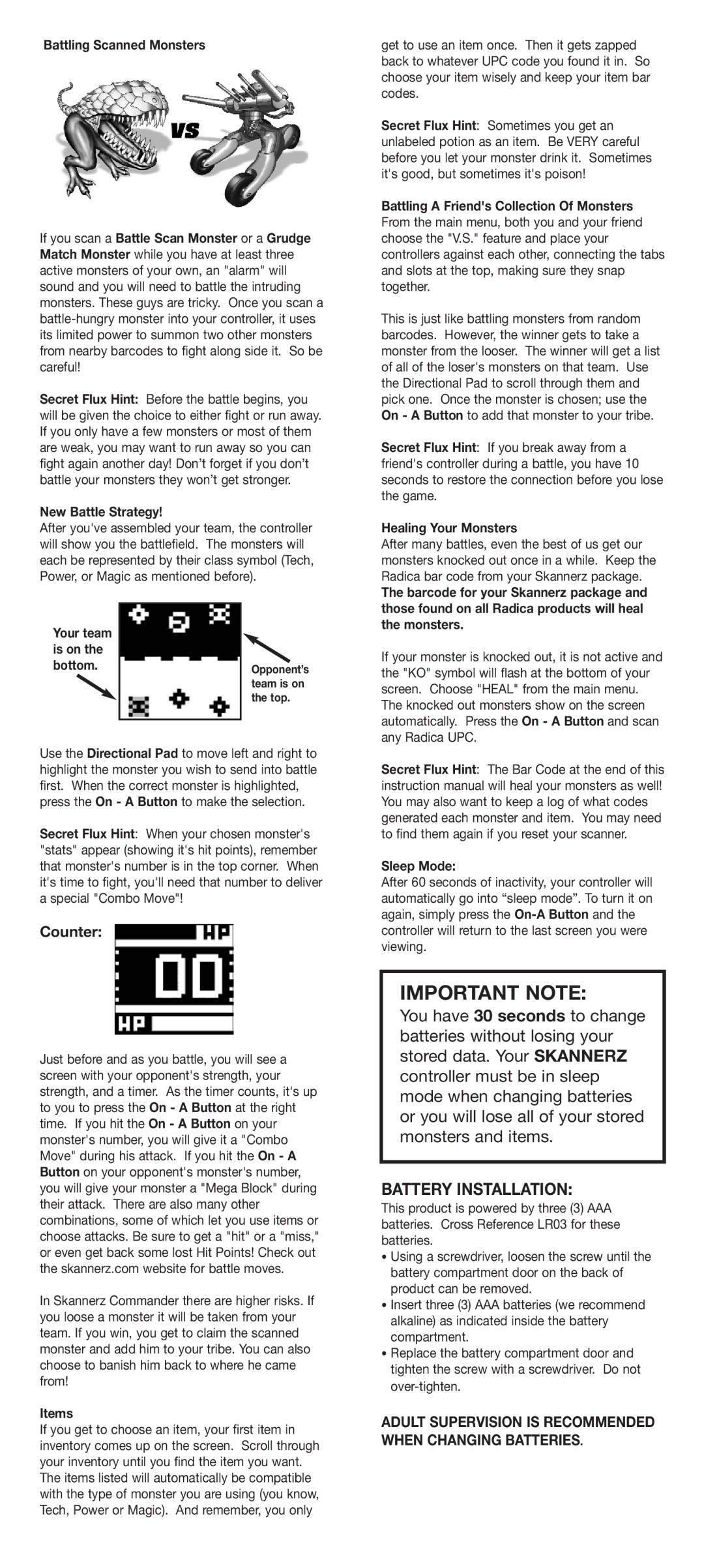 Radica Games 72045 instruction manual Battery Installation, Counter, New Battle Strategy, Healing Your Monsters, Sleep Mode 